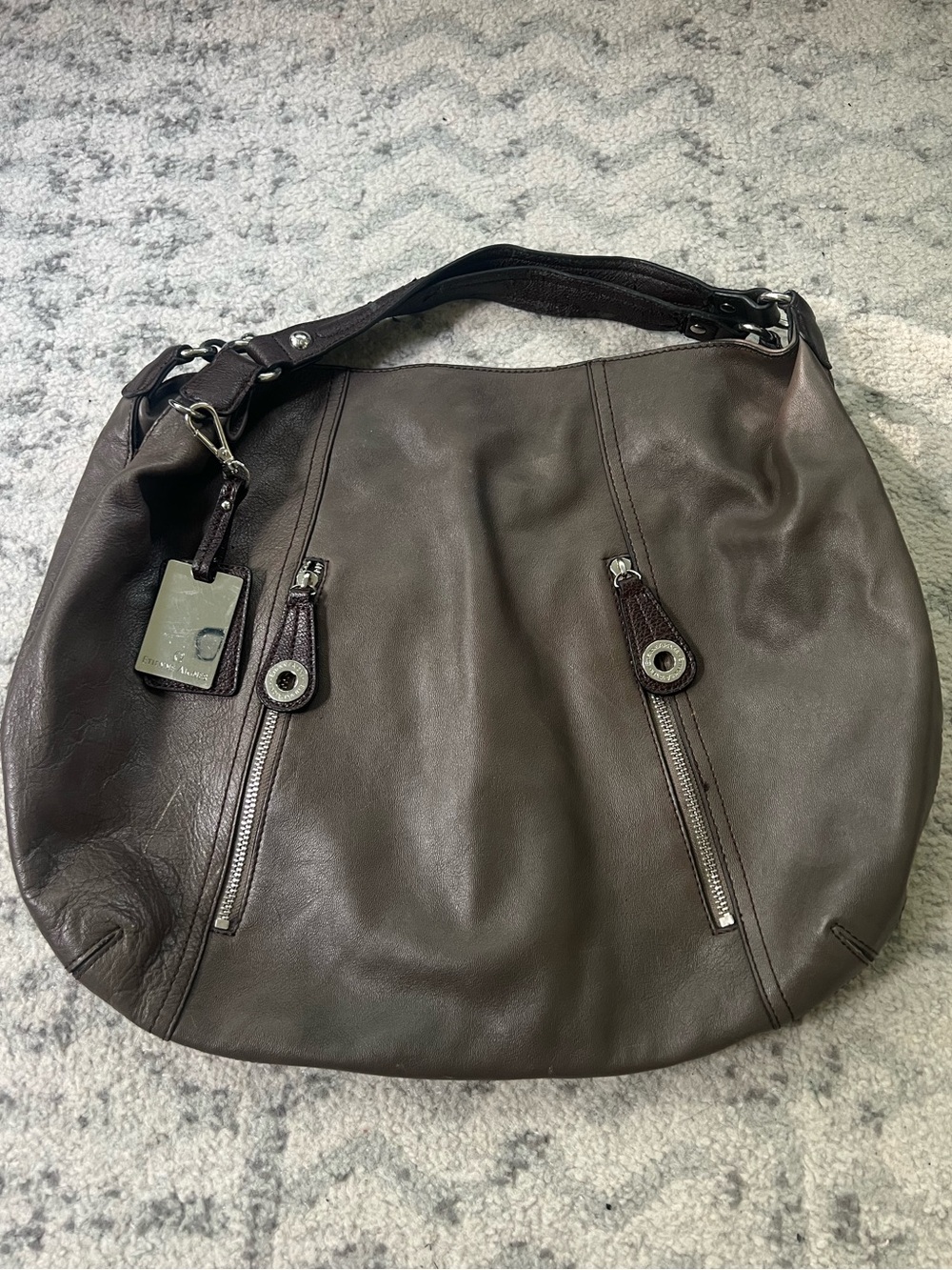 Etienne Aigner Large Leather Hobo Shoulder Bag Gray Taupe Purse